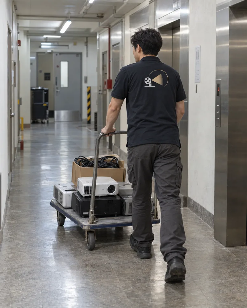 工場工作枱上的投影機與工具